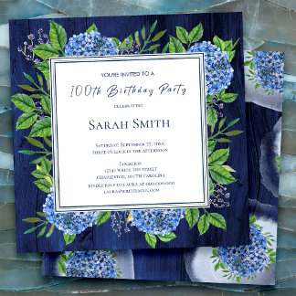 Hydrangeas Blue Rustic Wood 100. Geburtstagsparty Einladung