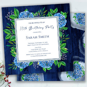 Hydrangeas Blue Rustic Wood 18. Geburtstagsparty Einladung