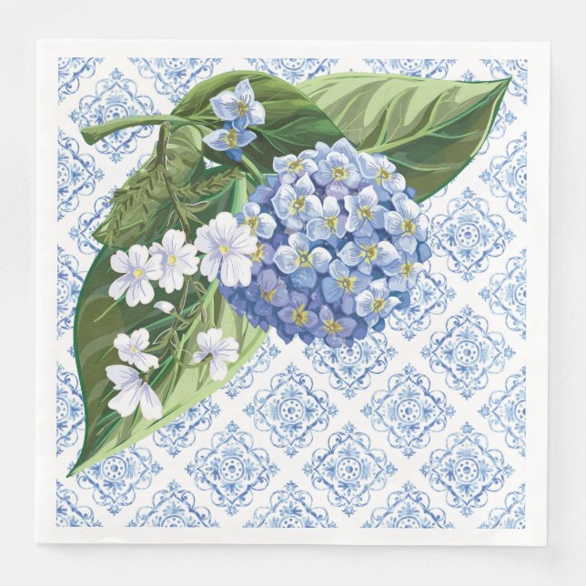 Hydrangeas Blue Tile Brautparty Napkins Serviette (Vorderseite)