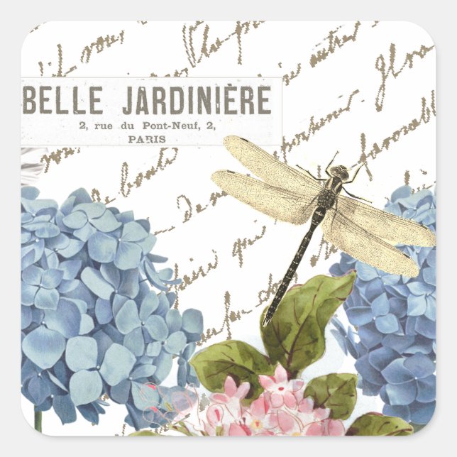 Hydrangeas Dragonfly French Script Garden Quadratischer Aufkleber (Vorderseite)