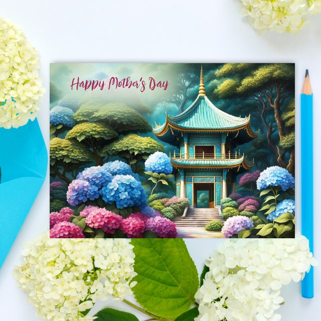 Hydrangeas Pagoda Weltmüttertag Karte (Capture tranquility and love with Hydrangeas Pagoda World Mother's Day card.)