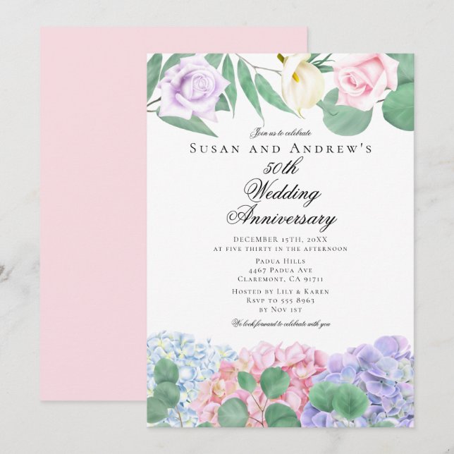 Hydrangeas Roses Wedding Anniversary Invitations (Devant / Derrière)
