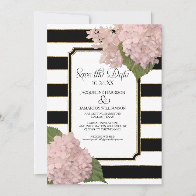 Hydrangeas Save the Date Foto Breitband Gold Einladung (Vorderseite)