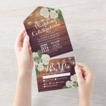 Hydrangeas String Lights Rustic Wood Wedding RSVP
