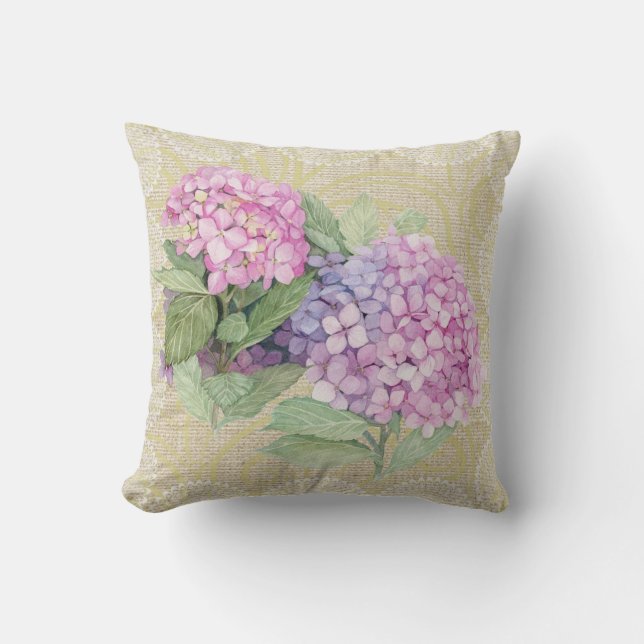 Hydrangée rose & dentelle fleurie coussin vintage (Recto)