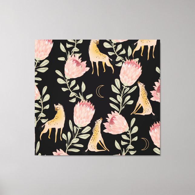 Hyena & Protea: Dunkles Vintages Muster Leinwanddruck (Vorderseite)