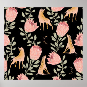 Hyena & Protea: Dunkles Vintages Muster Poster