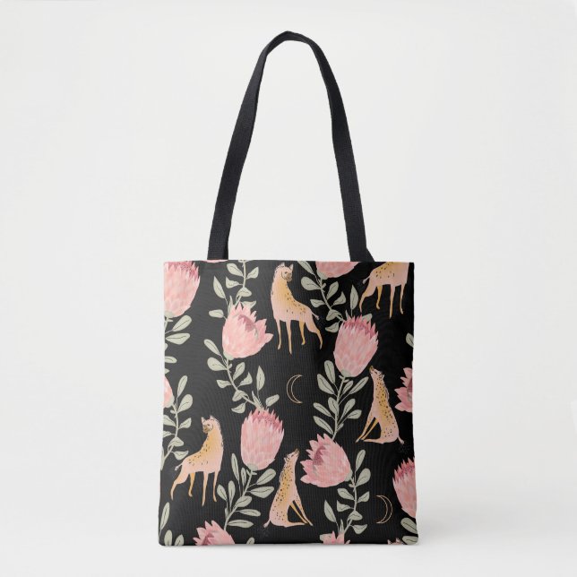 Hyena & Protea: Schwarzer Hintergrund Nahtlos Tasche (Vorderseite)