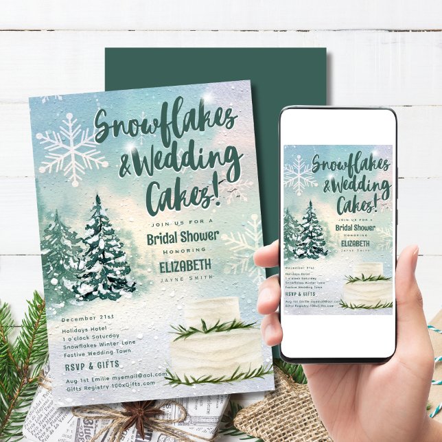 Hyge Snowflakes und Hochzeitstorte Brautparty Einladung (Available printed or as a digital download. Save time on shipping and postage!)