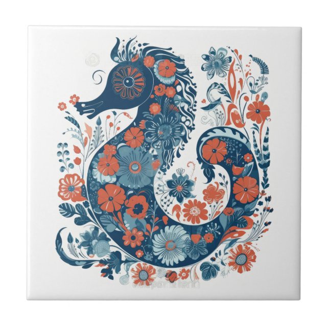 Hygge Blue Floral Seepferd Skandinavische Folklore Fliese (Vorderseite)