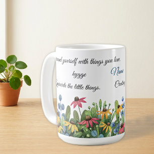 Hygge, Name auf farbenfrohen Wasserfarben-Blumen 1 Kaffeetasse