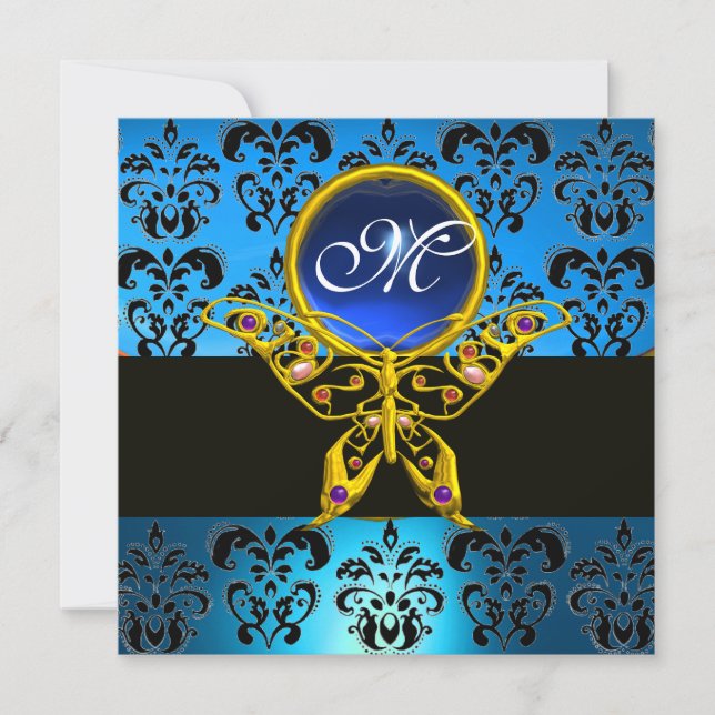 HYPER BUTTERFLY MONOGRAM, blauer Damast, Saphir Einladung (Vorderseite)