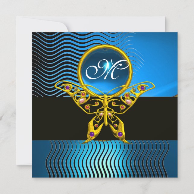 HYPER BUTTERFLY MONOGRAM, Wellenblauer Saphir Einladung (Vorderseite)