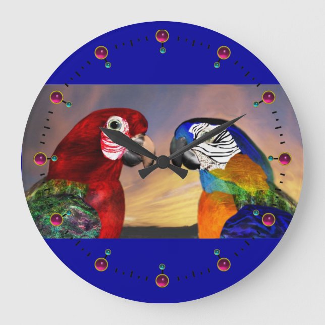 HYPER PARROS / ROTE UND BLAUE ARA GROßE WANDUHR (Vorderseite)