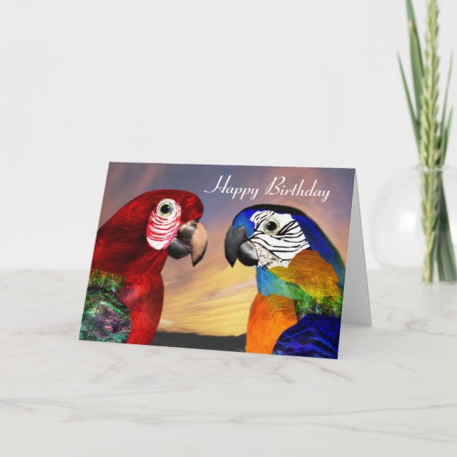 HYPER PARROTS / RED AND BLAUE ARA Happy Birthday Karte (Vorderseite)