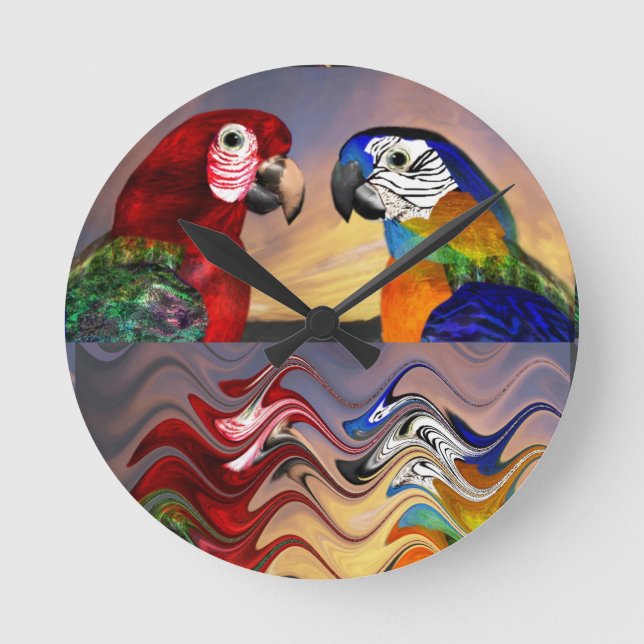 HYPER PARROTS RED,BLAUE ARA,FARBSPIEGEL RUNDE WANDUHR (Vorderseite)