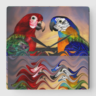 HYPER PARROTS RED,BLUE ARA ,COLORFUL REFLECTIONS QUADRATISCHE WANDUHR