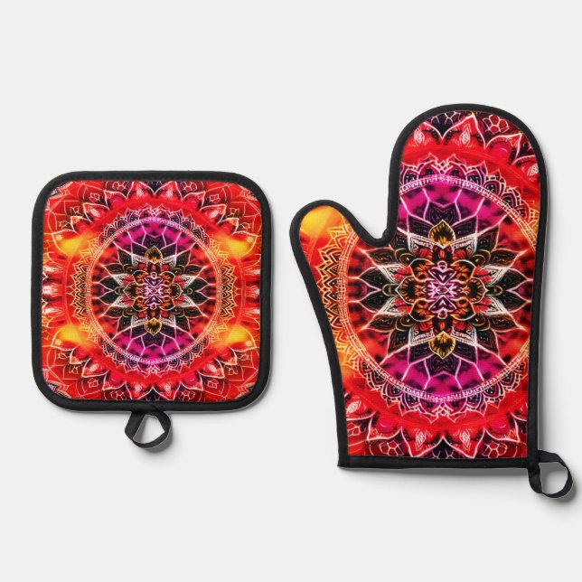 Hypnotic Red Mandala Ofenhandschuh & Topflappen-Set (Vorderseite)