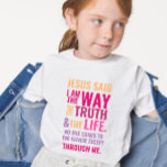 I am the Way kids T-shirt in bright colours<br><div class="desc">Christian t-shirt with the biblical verse from John 14:6 Jesus told him, “I am the way, the truth, and the life. No one can come to the Father except through me". The verses are in orange red & pinkish colors and in mixed calligraphy & minimalist typography. This trendy, modern faith...</div>