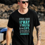 I am the Way T-shirt in pastel colours<br><div class="desc">Christian t-shirt with the biblical verse from John 14:6 Jesus told him, “I am the way, the truth, and the life. No one can come to the Father except through me". The verses are in blue pastel colors and in mixed calligraphy & minimalist typography. This trendy, modern faith design is...</div>