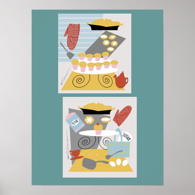 "I bake" 2 Retro-Illustrationen Drucken Poster (Vorne)