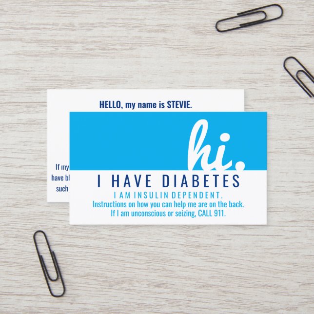 i Diabetes notfalls id pvc Abzeichen Visitenkarte (Vorderseite/Rückseite Beispiel)