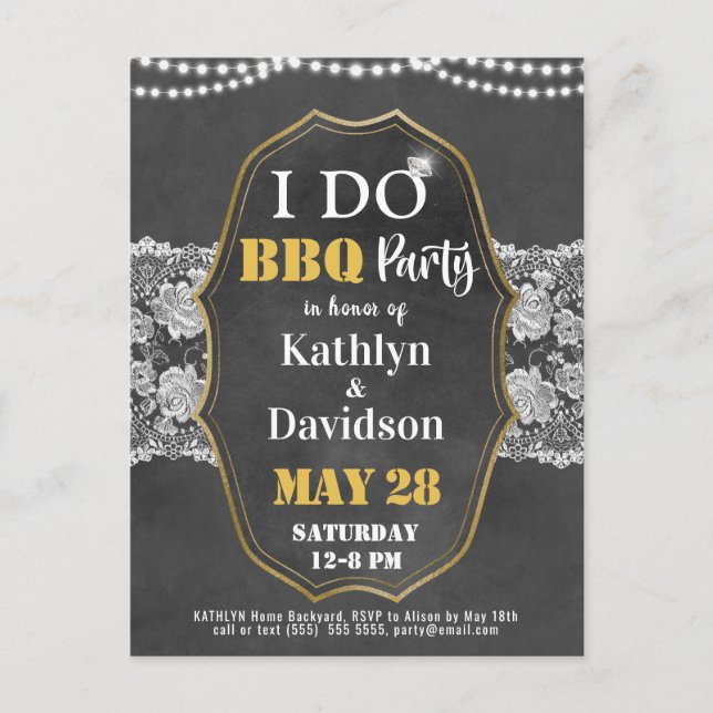 I DO Verlobung Elegante Lace Chalkboard GRILLEN Pa Einladungspostkarte (Vorderseite)