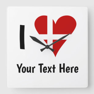 I (Funky Heart Shaped Danish Flag) Your Text Quadratische Wanduhr