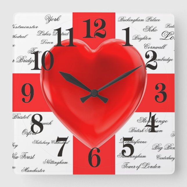 I Heart England Flag St George Patriotic Quadratische Wanduhr (Vorderseite)
