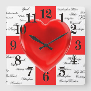 I Heart England Flag St George Patriotic Quadratische Wanduhr