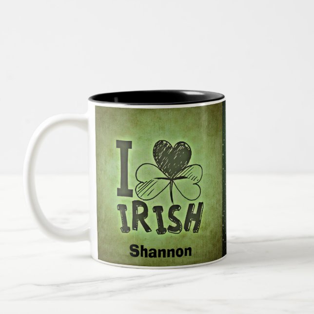 I Heart Irish Kleeblatt Name Monogram Initials Zweifarbige Tasse (Links)
