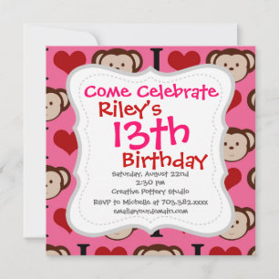 I Heart Monkey Pink I Love Monkeys Invitations