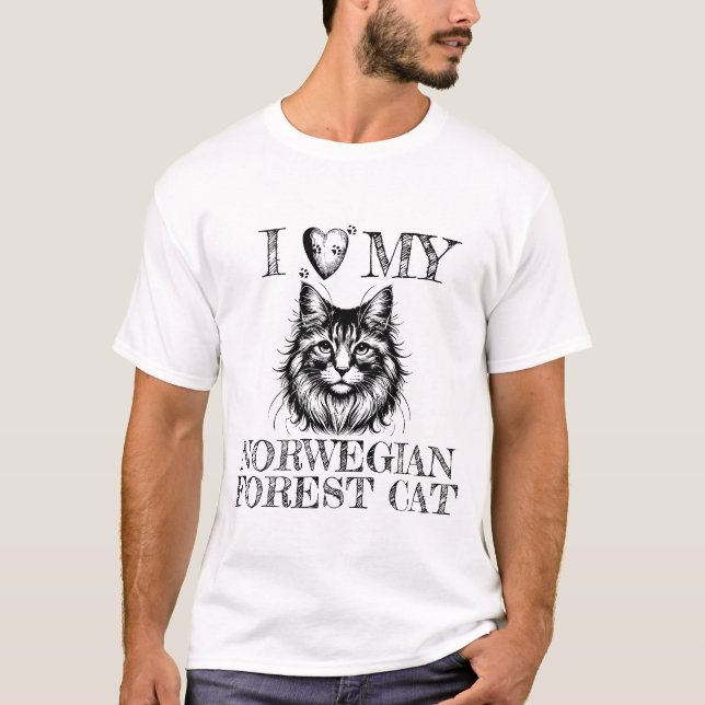 I Heart My Norwegian Forest Cat Pawprints Black T-Shirt (Vorderseite)