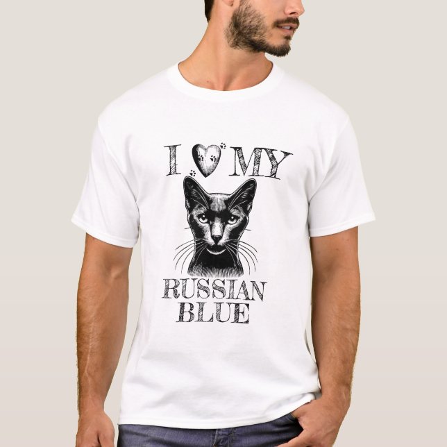 I Heart My Russian Blue, Cat Pawprints Black T-Shirt (Vorderseite)