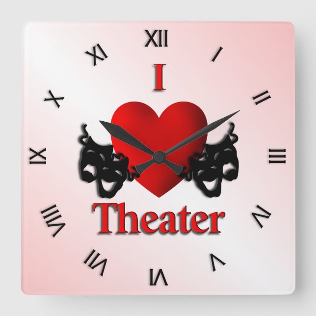 I Heart Theater Pink Quadratische Wanduhr (Vorderseite)