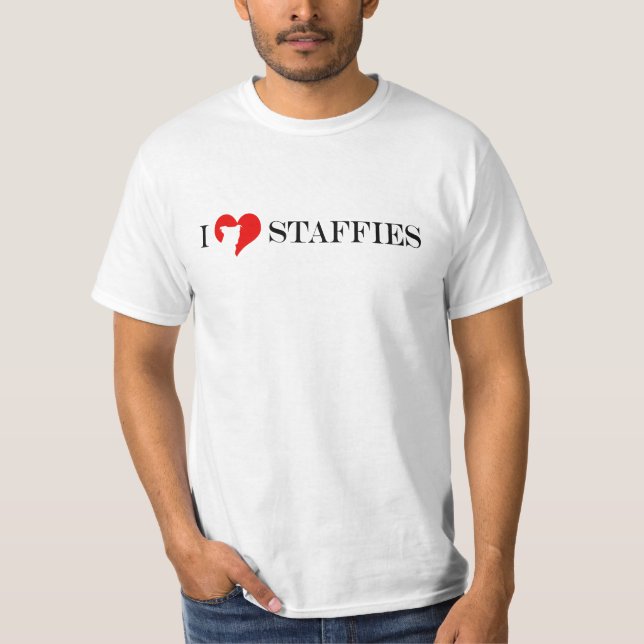 I Herz Staffies - klassischer roter u. schwarzer T-Shirt (Vorderseite)
