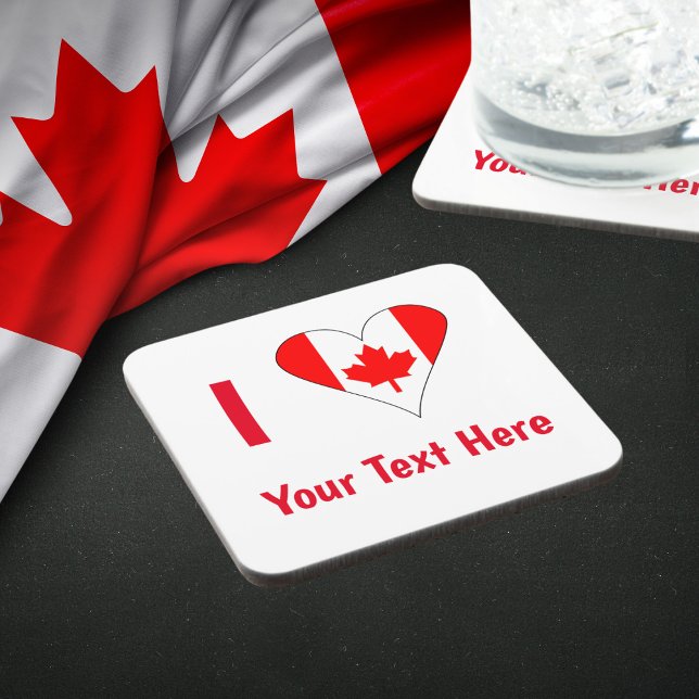 I (Kanadisches Flaggenherz) Ihr roter Text Getränkeuntersetzer (Hard plastic coaster with heart shaped Canadian flag used to read I LOVE YOUR YEXT HERE.)