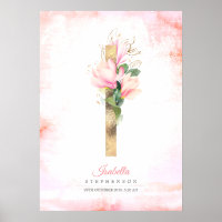 I Letter Monogram Gold Blätter Pink Magnolia Flora