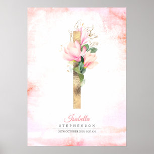 I Letter Monogramm Goldene Blätter Pinke Magnolie  Poster