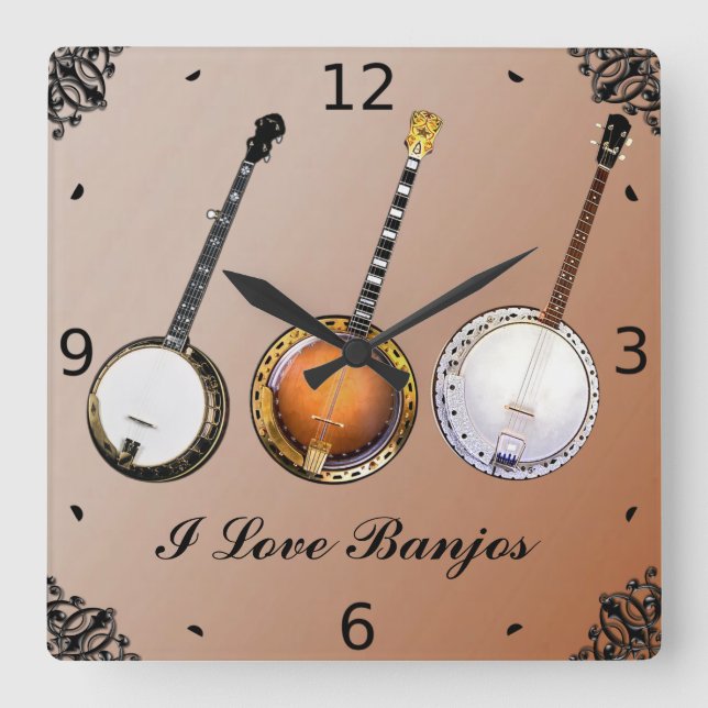 I LIEBE BANJOS QUADRATISCHE WANDUHR (Vorderseite)