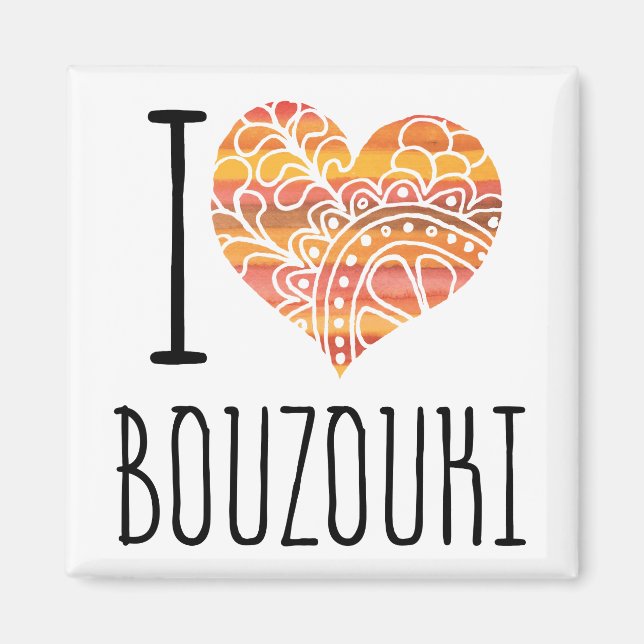 I Liebe Bouzouki Orange Mandala Herz Magnet (Vorne)