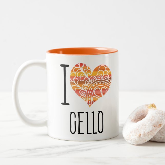 I Liebe Cello Orange Mandala Heart Zweifarbige Tasse (Mit Donut)