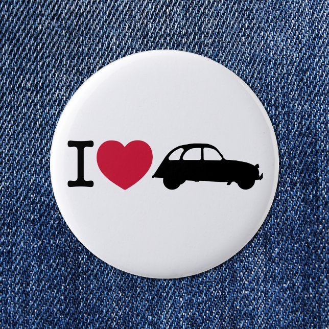 I Liebe Deux Chevaux Alte Timer Car Button (I love 2CV Button in White with a Black Typography and Illustration)