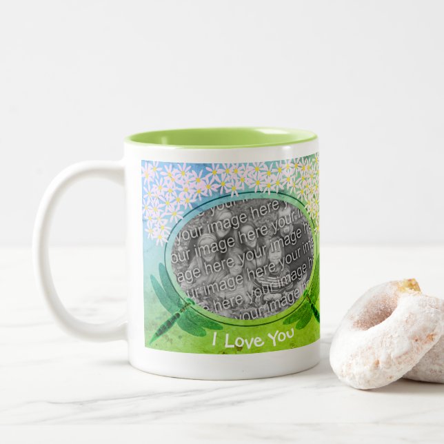 I Liebe, du Dragonfly Daisies Niedliches Foto Zweifarbige Tasse (Mit Donut)