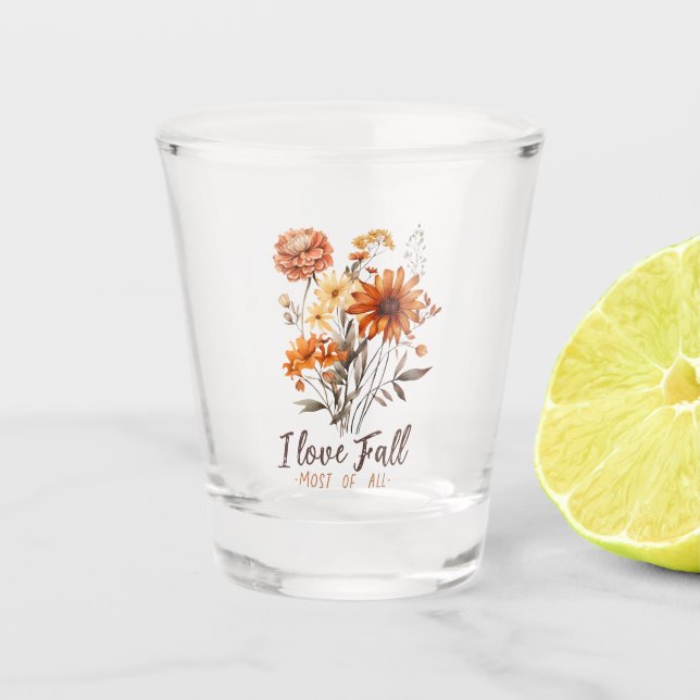 I Liebe fällt am meisten - Herbstblätter Schnapsglas (Vorderseite)