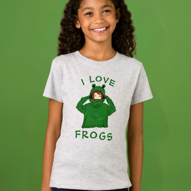 I Liebe Frogs Niedlich Girl in Green Frog Hoodie T-Shirt (Von Creator hochgeladen)
