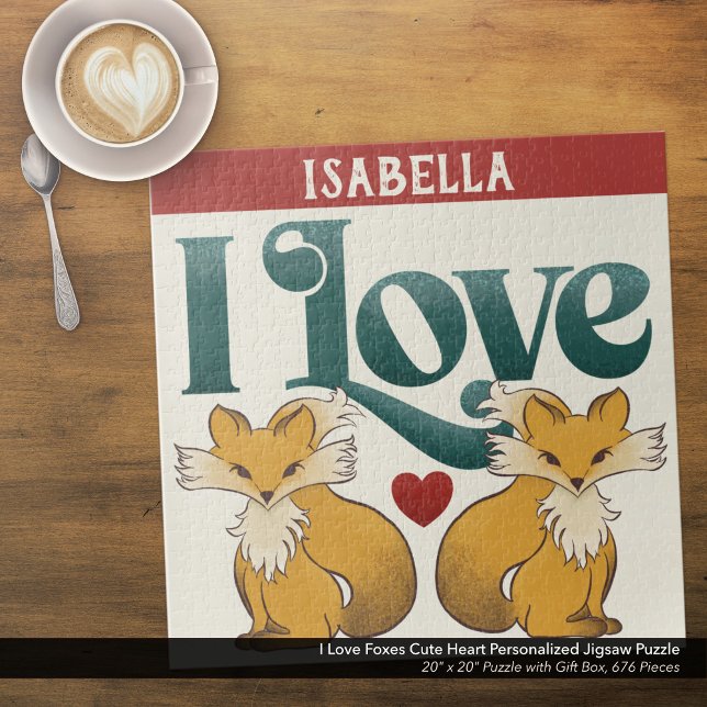 I Liebe Füchse Niedliches Herz Personalisiert ("I Love Foxes" Personalized Jigsaw Puzzle with Original Hand Drawn Fox and Heart Artwork. )