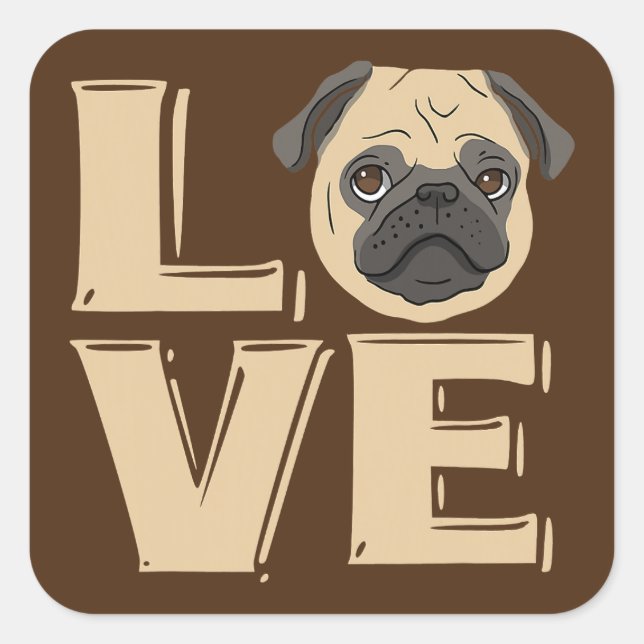 I Liebe Funny Mops Quadratischer Aufkleber (Vorderseite)
