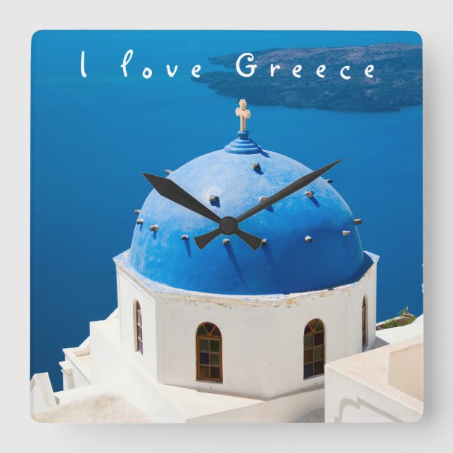 I Liebe Griechenland Kirche Santorini blaues Foto  Quadratische Wanduhr (Vorderseite)