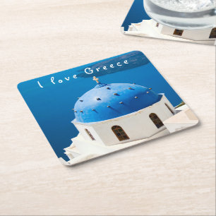 I Liebe Griechenland Kirche Santorini blaues Foto Rechteckiger Pappuntersetzer